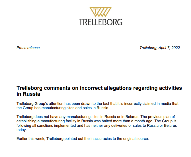 特瑞堡暫停在俄建設(shè)密封件工廠的計劃